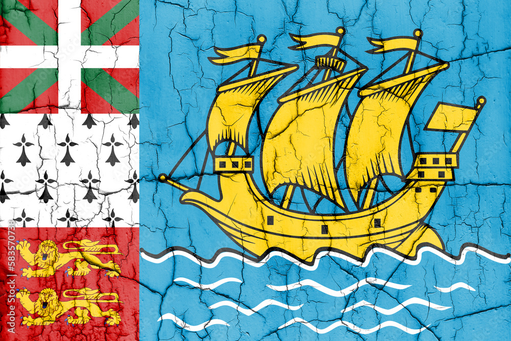 Flag of Saint-Pierre and Miquelon on cracked wall, textured background.