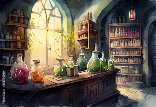Watercolor Illustration of a Medieval Pharmacy Store. Alchemical Workplace With Many Bottles. Illustration. Generative AI