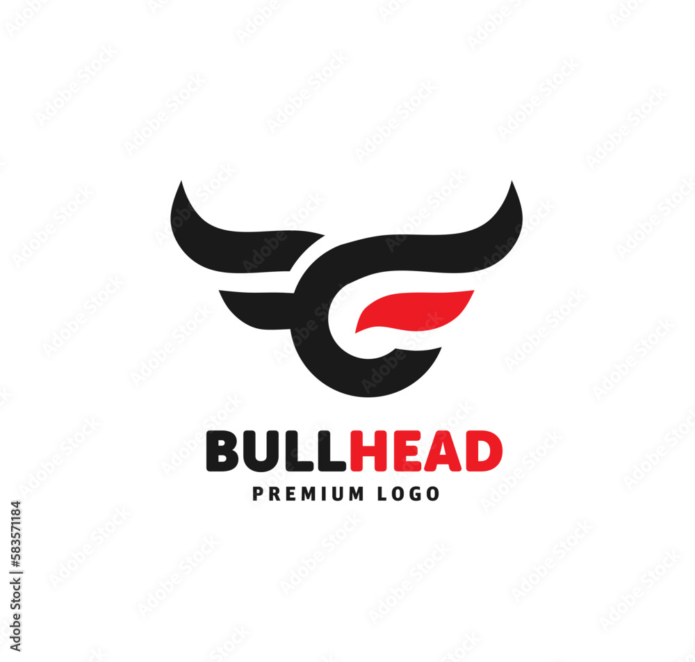 Bull head logo design - red and black editable vector icon with copy space over a white background