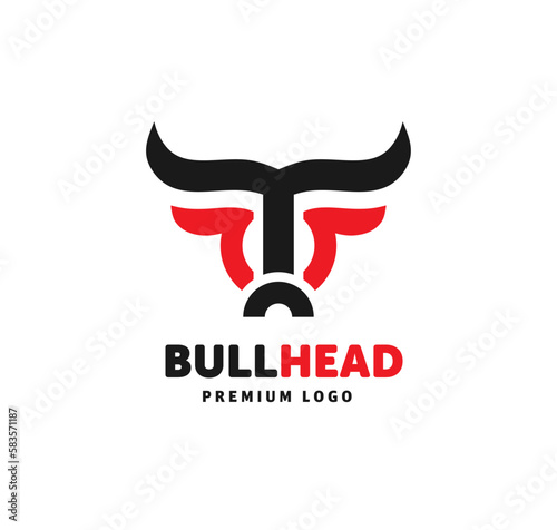 Bull head logo design - red and black editable vector icon with copy space over a white background