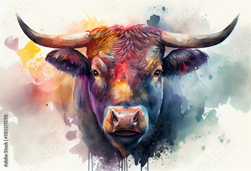 Watercolor Illustration of a Portrait Face Of Bull With Colorful Paint. Generative AI