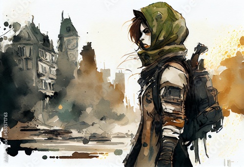 Watercolor Illustration of a PostApocalyptic Paris, Comics Drawing. Generative AI