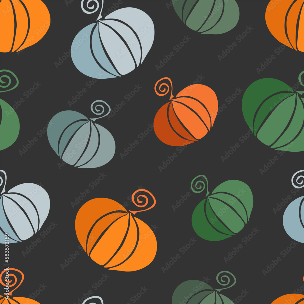 vector illustration seamless pattern of colored stylized pumpkins on black background 