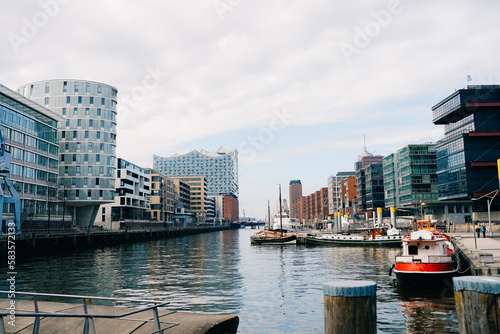 Cityscape of Sandtorhafen canal in Hamburg, Germany