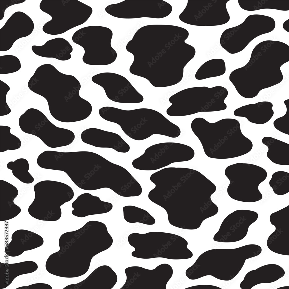 Vector cow pattern seamless background. Black irregular patches on white backdrop. Abstract cows skin texture illustration. Random bovine spots hand drawn design.