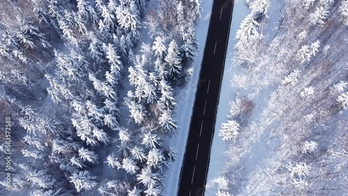 Winter season snowy mountain forest aerial shot. Breathtaking natural landscape