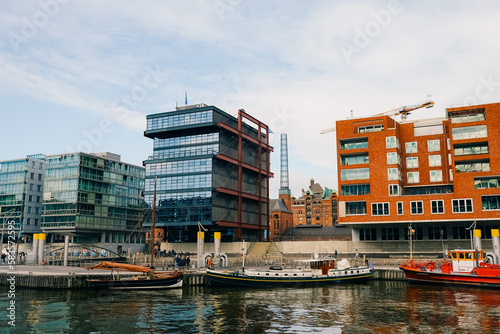 Cityscape of Sandtorhafen canal in Hamburg, Germany