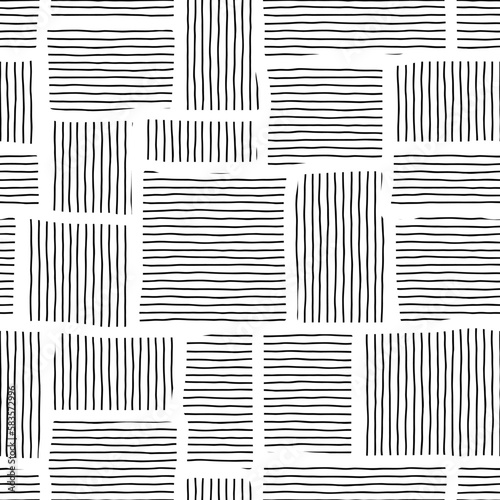 Handmade seamless pattern, black chaotic stripes on white background, vector design