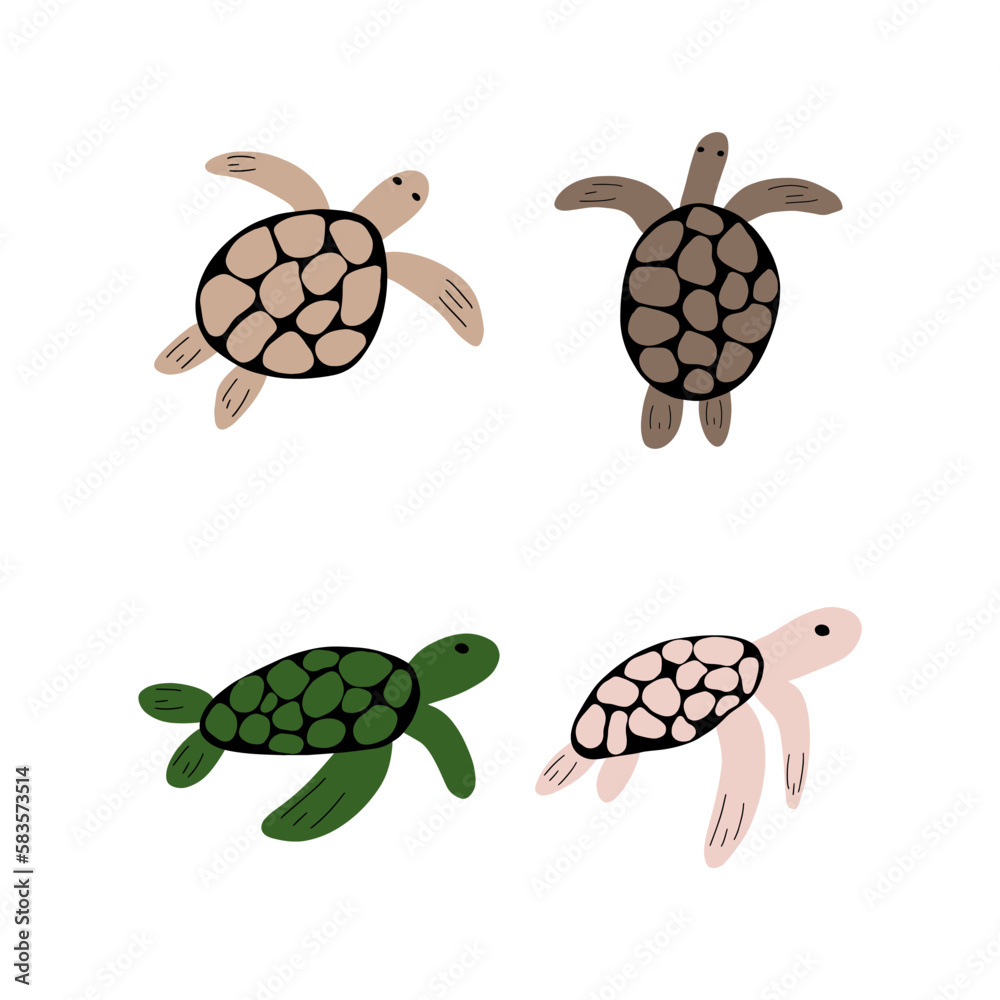 Turtle Character sea animal on deep background. Wild life illustration. Underwear world. Vector illustration.