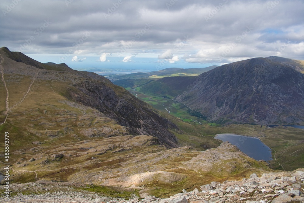 Aerial view of the Ogwen Valley in between a mountain range, in Snowdon in Wales, on a cloudy day