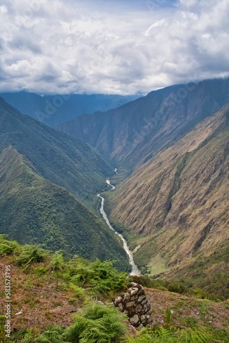 Vertical aerial view of mountain peaks in Inca Trail  Peru  and a narrow lake at the bottom