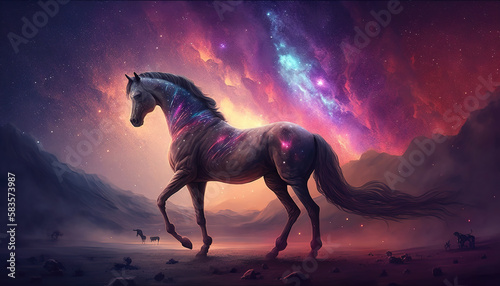 a beautiful brave scifi horse with a galaxy wallpaper twist