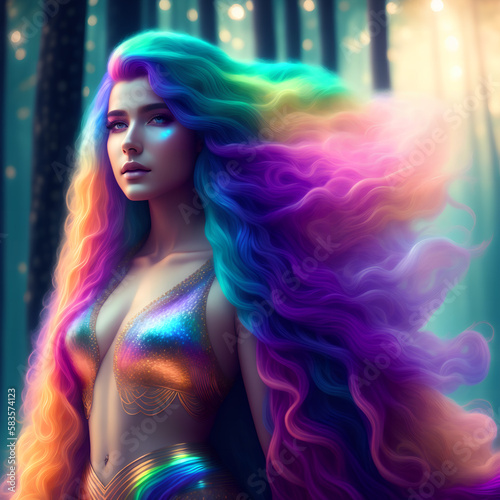 A Gorgeous Rainbow Goddess with Streaming Hair in the Woods, Created with Generative AI Technology photo