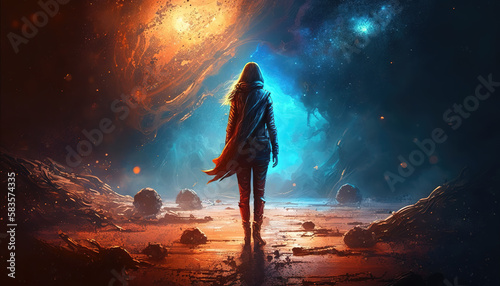 an epic illustration of a brave woman walking with a galaxy theme in the background