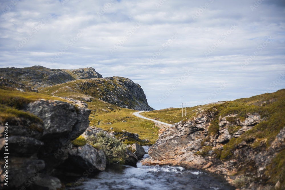 Aerial view of a winding road of Northern Norway to Havoysund