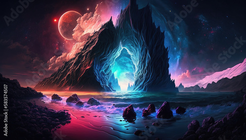 an epic landscape illustration in the galaxy with an ocean part, beautiful lightning hills