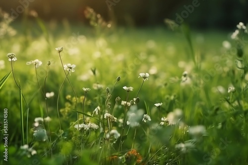 Wildflower Meadow. Green plant Background with Blurred Wildlife