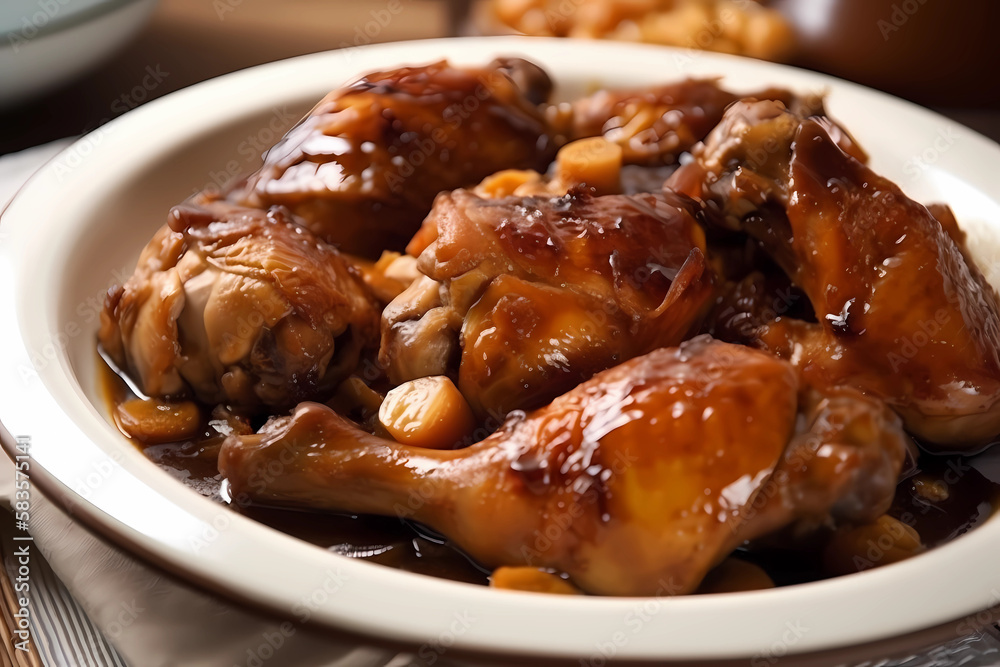 Chicken Adobo Philippines Chicken thighs, vinegar, soy sauce, garlic, bay leaves (Generative