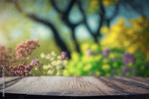 Wooden table and blurred spring nature background for product, food display or montage, ai generative © Iva