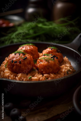 Salmon Meatballs with Red Rice.  ai generative 