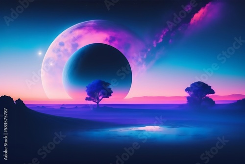 Rendering of A Surreal Dark Landscape with a Glowing Blue Planet. Generative AI. 