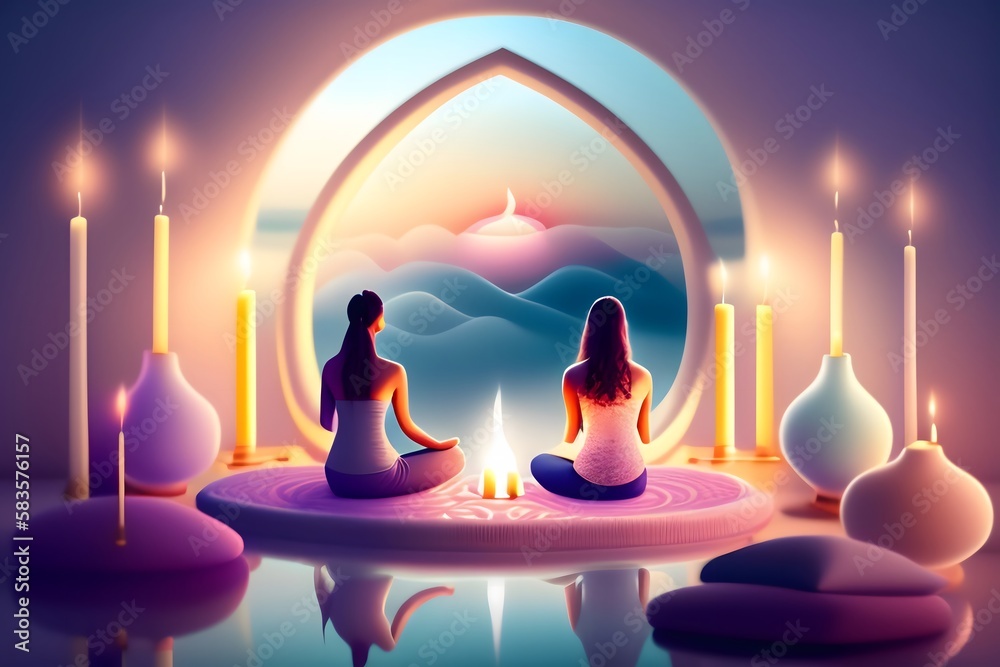 Rendering of Serene Women Meditating in Lotus Posture. Generative AI. Rendering of Serene Women Meditating in Lotus Posture. Generative AI.