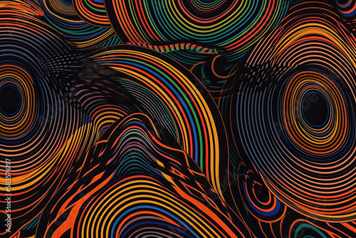 Abstract psychedelic background with circles and lines of various widths in retro optical illusion style