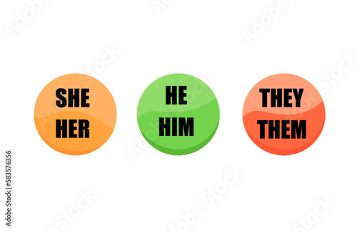 Gender pronouns signs illustrations colorful. She her, he him, they them.