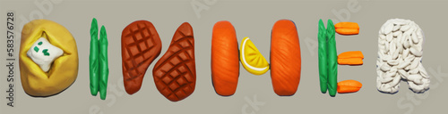 Plasticine DINNER word consisting of baked potato, asparagus, beef steak, salmon steak, pieces of carrot, rice isolated on background	