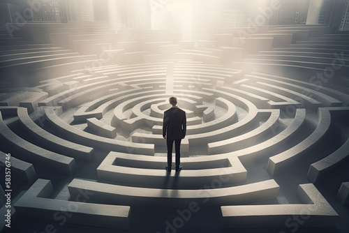 An elegant businessman standing on a square platform looking over infinite labyrinth concept
