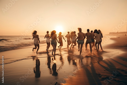 Big group of young friends or big family are having fun and run at sunset beach. Summer vacations concept