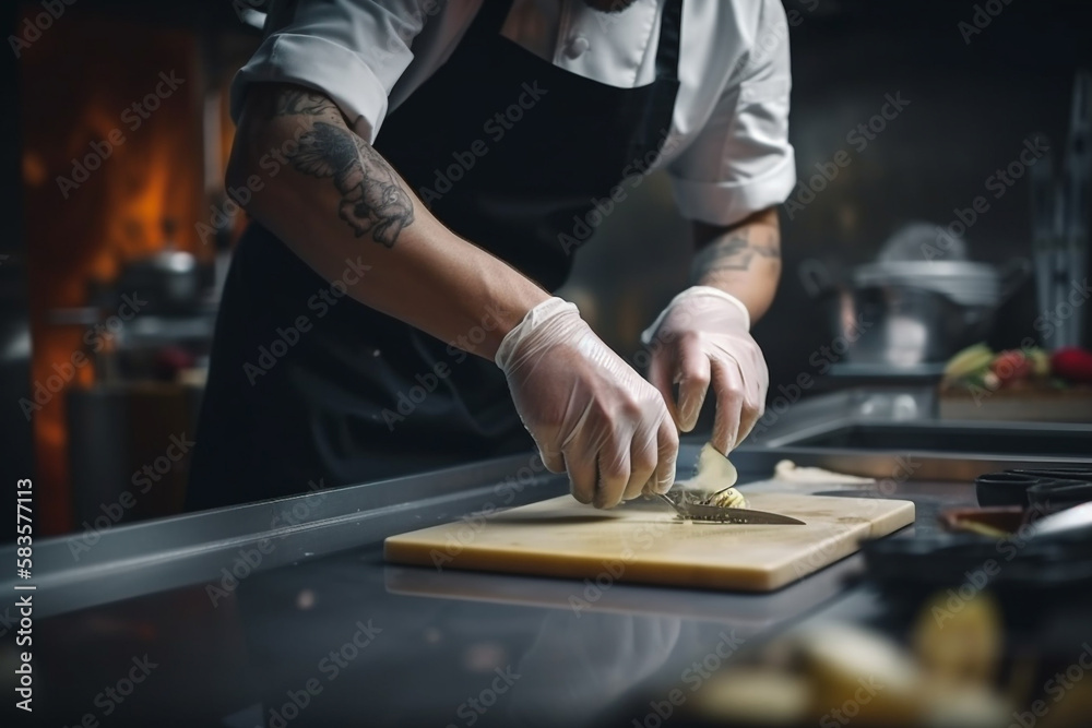 Close-up of professional chef's hands. Generative AI