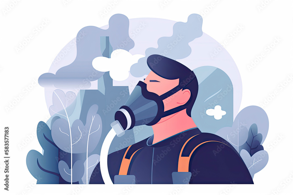 CO2 emissions. Man breathing through filter mask to reduce health