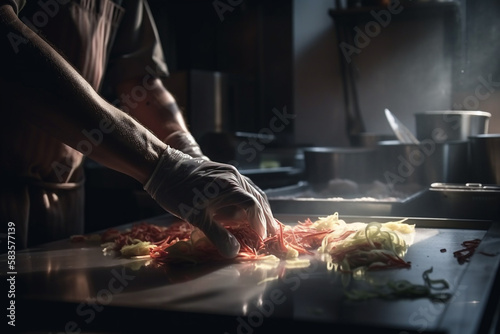 Close-up of professional chef's hands. Generative AI