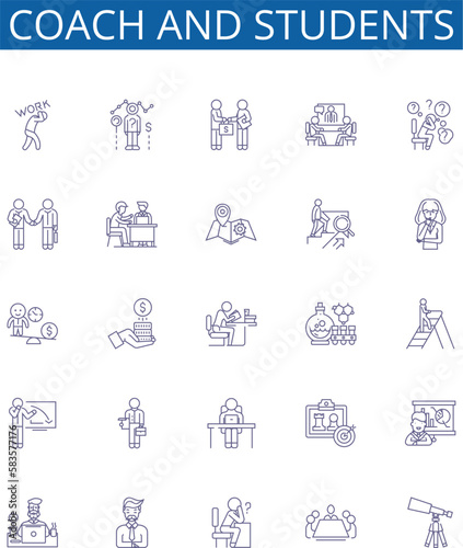 Coach and students line icons signs set. Design collection of Coach, Students, Mentor, Educator, Guide, Pupil, Teacher, Tutor outline concept vector illustrations