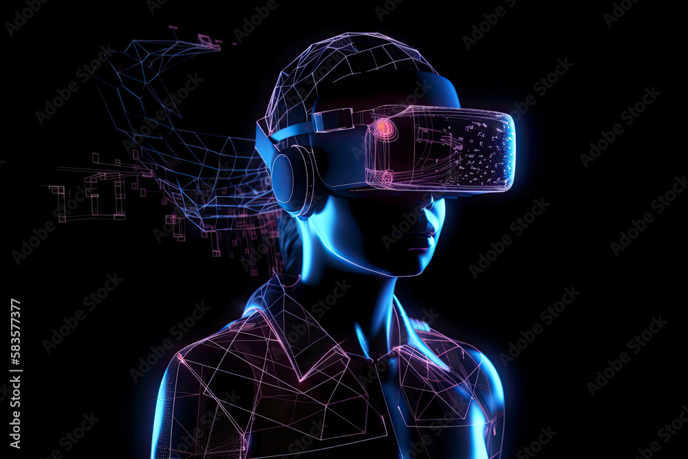 concept of virtual reality technology, graphic of a teenage gamer wearing VR head-mounted playing game concept of virtual reality technology, graphic of a teenage gamer wearing VR head-mounted playing game