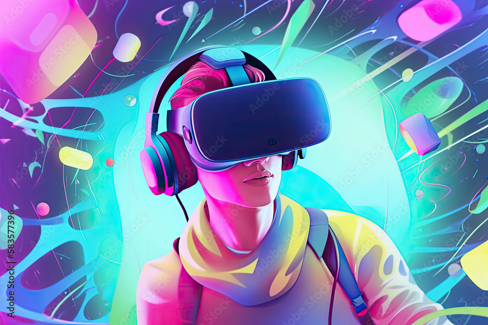 concept of virtual reality technology, graphic of a teenage gamer wearing VR head-mounted playing game concept of virtual reality technology, graphic of a teenage gamer wearing VR head-mounted playing game