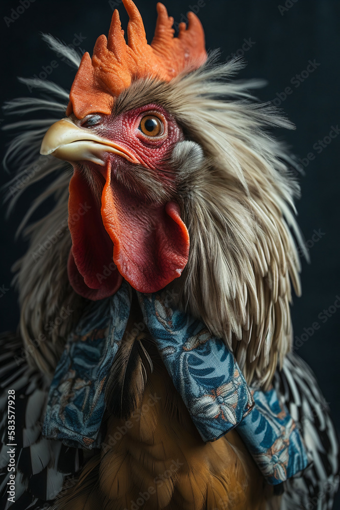 Super elegant rooster wearing a gilet. AI Generative.