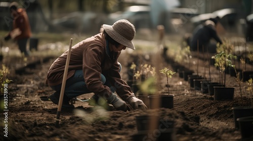Person planting trees in a community garden, showcasing the spirit of volunteering and environmental conservation. Eco friendly practices, organic farming, and outdoor activities. Generative AI