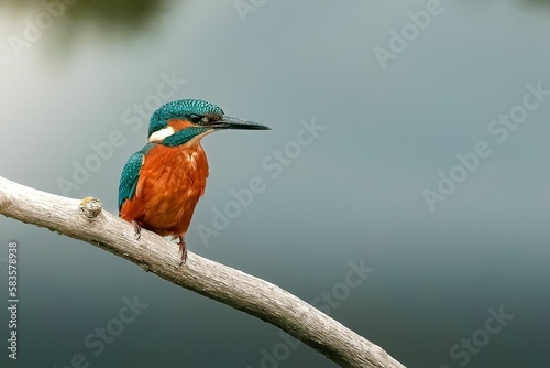 Closeup shot of the common kingfisher perched on a bare branch on a lake background in Norfolk, UK