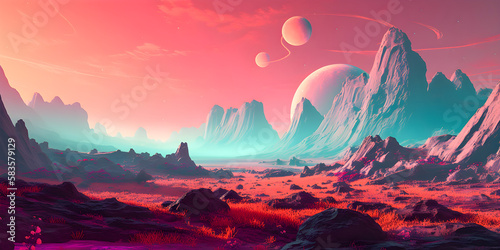 Dreamy and surreal Mars landscape. Generative AI 