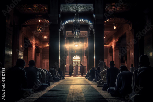 People pray in the mosque on Ramadan holiday. Generative AI
