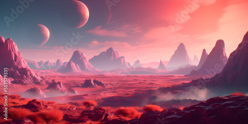 Dreamy and surreal Mars landscape. Generative AI 