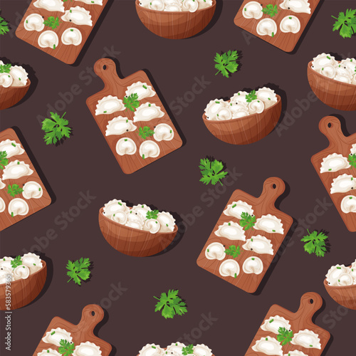 Seamless pattern with dumplings on a board and in a bowl