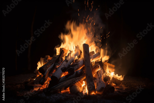 camping fire burns on a dark background. Generative AI
