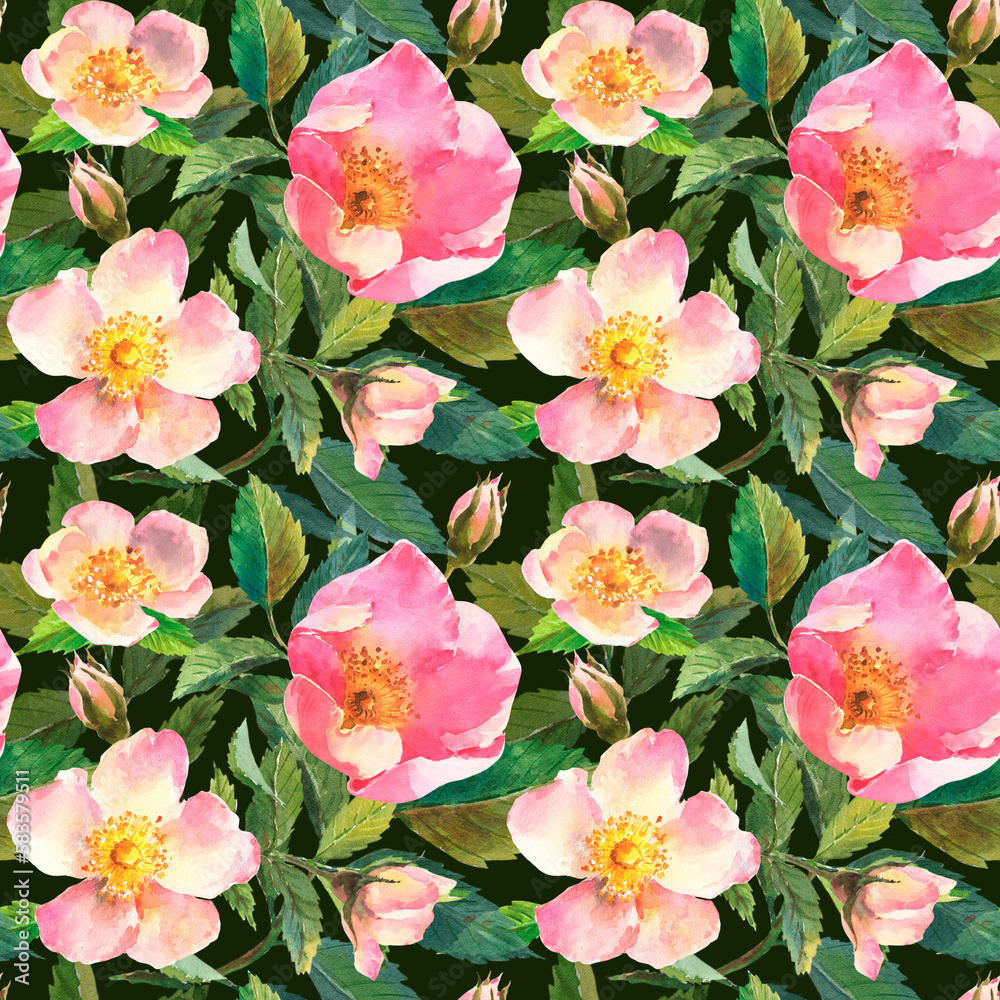 Obraz premium Watercolor illustration. Seamless pattern of rose hips flowers, leaves, berries on a dark green background. Seamless design of ripe rose hips for fabric, paper, printing, etc.