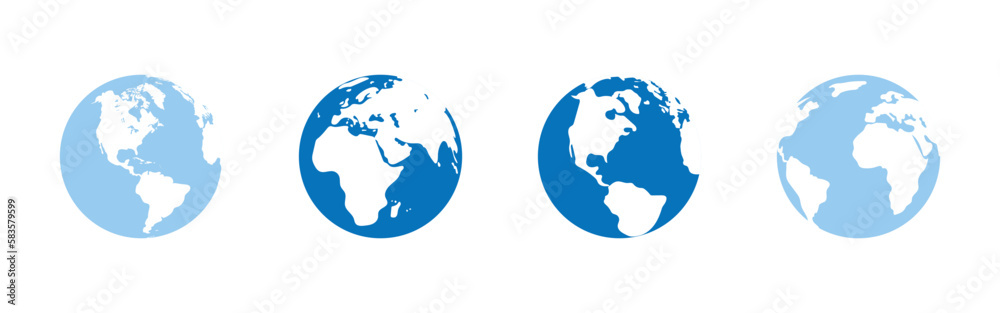 Globe, planet Earth with outlines of continents. Continents North America, South America, Africa, Eurasia, Europe. Geographical objects, icons, logos for design, decoration. Vector illustration