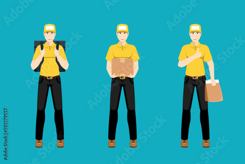 Different human courier standing on isolated background, Digital marketing illustration.