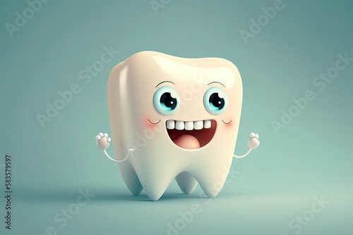 Cute happy cartoon tooth. Dental care. Generative AI