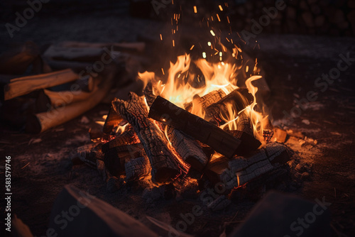 camping fire burns on a dark background. Generative AI